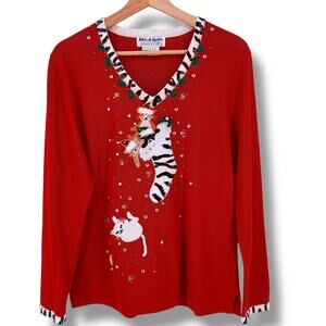 Jack B Quick Christmas Kitten Cat Sequin Embellished Sweater Womens Sz L Holiday